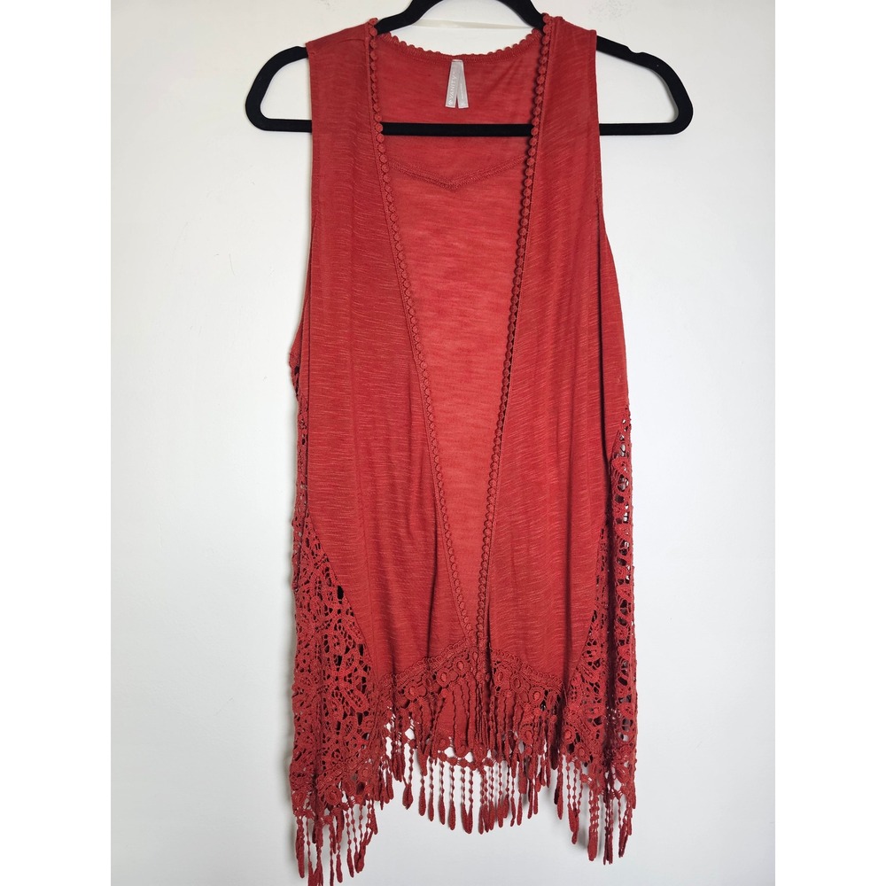 Boho Vanity Crochet Lace Fringe Vest Womens XL Orange Slub Open Front 03SK-AHQV